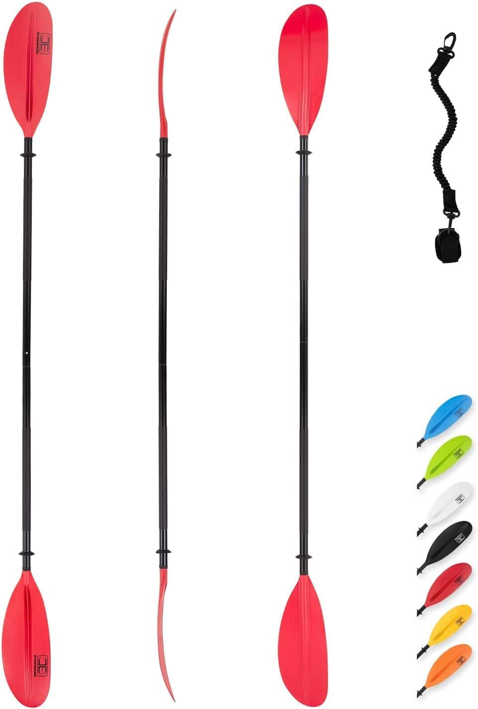 OCEANBROAD Kayak Paddle 86in/218cm - 90.5in/230cm - 95in/241cm Alloy Shaft Kayaking Boating Canoeing Oar with Paddle Leash 1 Paddle Red 86''