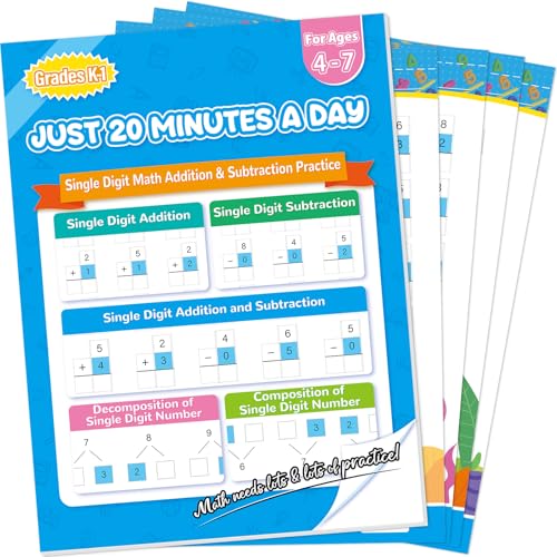 Image of Addition and Subtraction Practice Worksheets Single Digit Math Problem Workbook for Pre-Kindergarten, Kindergarten, and 1st Grade Students for Ages 3-7, 56 Pages Front and Back, 5 Question Types