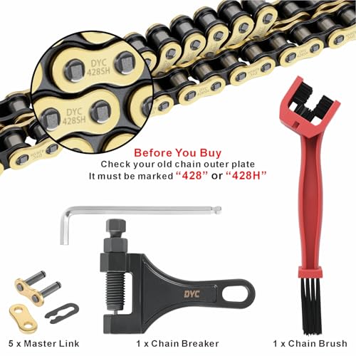 Image of DYC 428H Motorcycle Chain 122 Links(Gold /Black) with Master Links, Chain Breaker Tool & Chain Brush for 125-250cc Motorcycle /ATV /Dirt Bike /Pit Bike /Go Kart SSR TaoTao Coolster Apollo Baja Kazuma