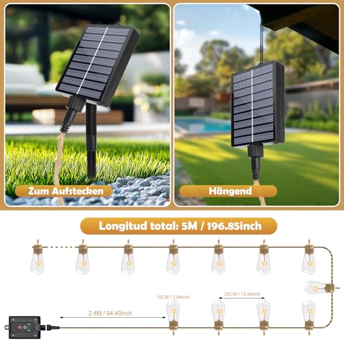 Coomoors Guirnalda Luces Exterio, 10 LED 8 Modos Guirnalda Luces Solares con Función de Memoria, IP65 Impermeable 5M Cadena de Luz Solar para Jardín, Patio, Navidad, Fiesta (Blanco Cálido) - imagen 7