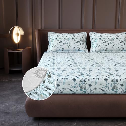 Image of Divine Casa King Size Fitted Bedsheet with 2 Pillow Covers (200 x 180 CM) | Cotton Twill Satin Floral Print | SKU Blue Elastic Fitted Sheet for Mattress.