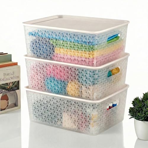 Kuber Industries 3 Pcs Plastic Large Solitaire Storage Basket with Lid & Handle | Multipurpose Storage Rectangular Box for Cloths Toys & Books | H5 - Transparent