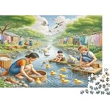 Puzzle Escena de Lavado Campesino, Papel Premium, Educativo, Estimulante Cerebral, Niños Arroyo Polluelos de Pato Sábanas, Adultos, Puzzles Difíciles, 52x38cm/1000pz