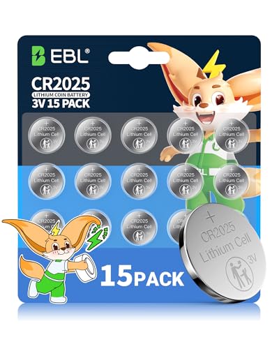 EBL CR2025 Battery 3V 15 Count, Child-Proof Package, Coin Cell Batteries for Key Fob, Car Remote