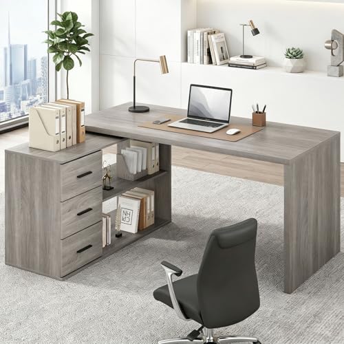 Image of HSH Grey L Shaped Computer Corner Desk with 3 Storage Drawers 60 inch | Reversible Home Office Corner Desk with 2 Open Side Shelves Modern Wood Executive L Desks for Bedroom,Study Workstation