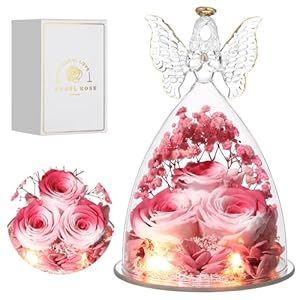Glass Angel Figurines with Three Roses Gifts Preserved Forever Real Rose Gifts for Women Angel Guardian with Rose for Mothers Day Pink White