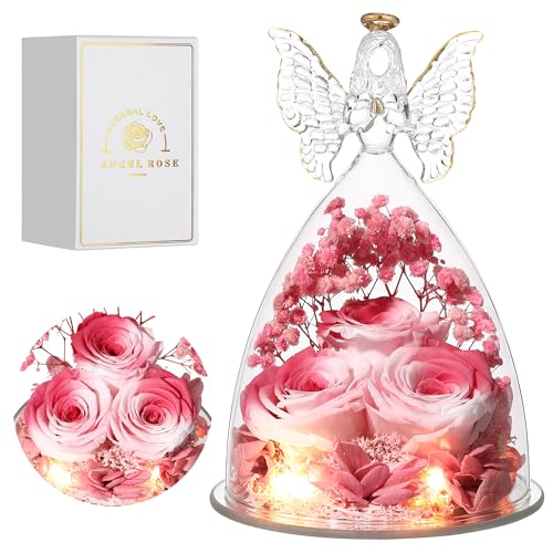Glass-Angel-Figurines-with-Three-Roses-Gifts-Preserved-Forever-Real-Rose-Gifts-for-Women-Angel-Guardian-with-Rose-for-Mothers-Day-Pink-White Glass Angel Figurines with Three Roses Gifts Preserved Forever Real Rose Gifts for Women Angel Guardian with Rose for Mothers Day Pink White