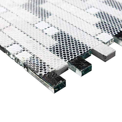 Stone Mixed Glass Kitchen Backsplash Linear Mosaic Tile Polished Gray & Teal Blue Bath Shower Wall Decor Narutal Marble Interlocking Pattern Art Mosaics (5 Square Feet) #TOP3