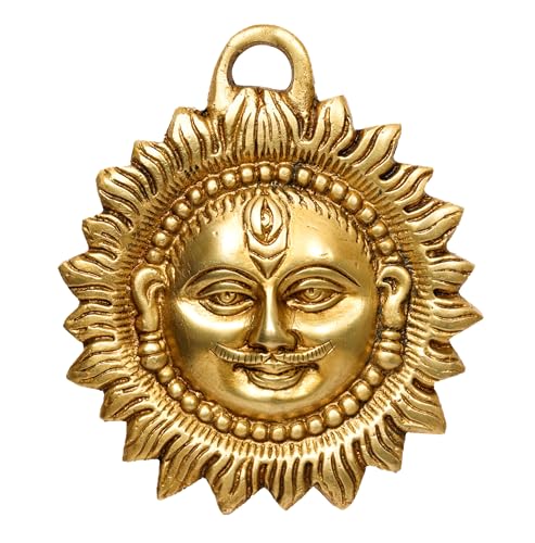 Image of Brass Sun Face Wall Hanging 4 Inches - Decorative Vastu & Feng Shui Showpiece for Home, Office, and Living Room - Yellow, Weight - 300 Grams