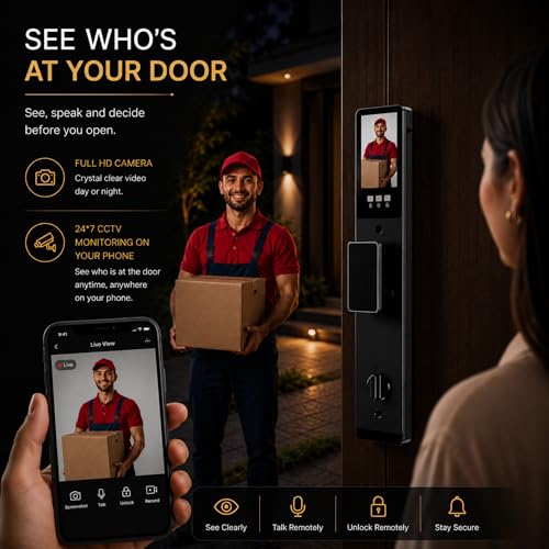 Image of Elara Apex Prime Smart Door Lock, Fingerprint, Card, App, OTP, Keys, PIN Unlock, Palm Unlock, Face Recorganisation, Alarm Alert, Bluetooth & WiFi. (Apex Prime)