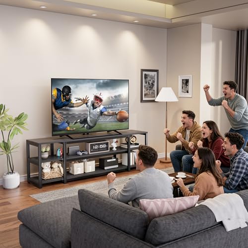 Image of Aquzee 85 inch TV Stand with LED Lights & Power Outlet, Entertainment Center for 70-75-80-85Inch TV, 75.2 inch Wide Wood Television Console Table for Living Room Bedroom Gaming Room, Black
