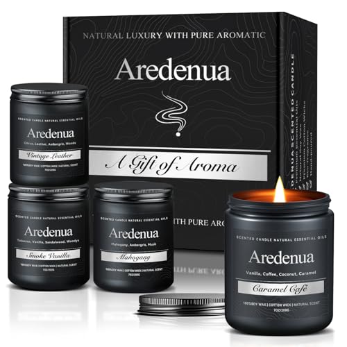 Men’s Candle Set for Men, 4 Pack Masculine Scented Candles – Vintage Leather, Smoke & Vanilla, Mahogany, Caramel Coffee – Soy Candles for Home, Gentlemen Candle Aromatherapy Gift for Him Mah