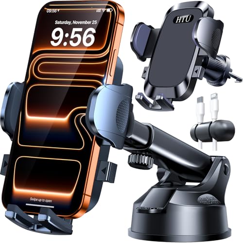 HTU 2026 Super Suction Car Phone Holder, Stable Shockproof 3-in-1 Dashboard Windscreen Vent Phone Holder for Cars with 360° Rotation, Compatible with iPhone 17 Pro Max 16 15 14 & Samsung, Dark Black