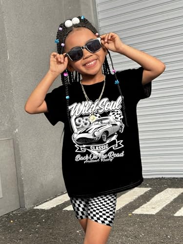 Image of WDIRARA Girl's 2 Piece Outfit Letter Car Graphic Tee Top with Plaid Checkered Biker Shorts Set