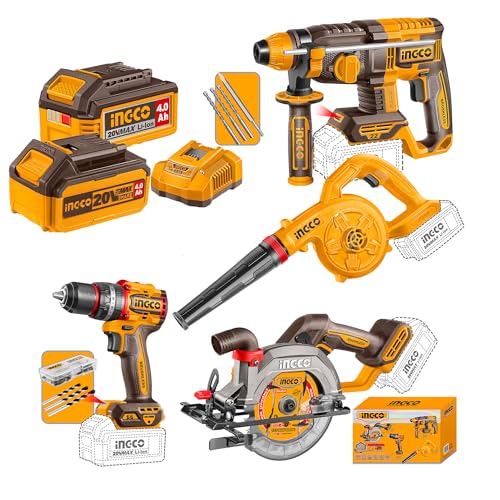 Image of INGCO 20V Brushless 4pcs Cordless Power Tool Combo Kit, Impact Drill, Rotary Hammer, Circular Saw, Blower, with 2x4.0Ah Batteries, Charger & 47Pcs Accessories for Home, DIY & Professional Construction