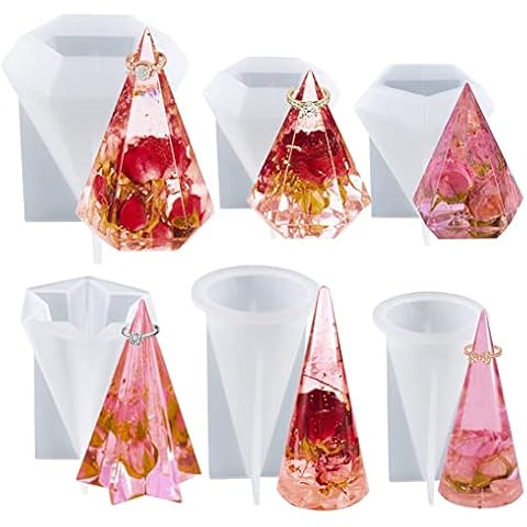 Keyzone Faceted Ring Cone Resin Mould Silicone, 6 Pcs Ring Holder Molds for Resin Casting, Ring Cone Pyramid Epoxy Resin Moulds for DIY Ring Jewelry Display Stand, Hexagonal Pentagonal Cone, Decor Cover
