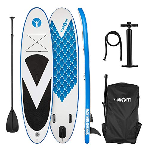 KLAR FIT Klarfit Spreestar 320 - Tabla de pie Hinchable, Paddleboard, Paddle Surf, Sup 320 x 12 x 81 cm, Bomba de Aire, Pala, Correa Seguridad, Mochila de Transporte, Kit reparación, Azul-Blanco