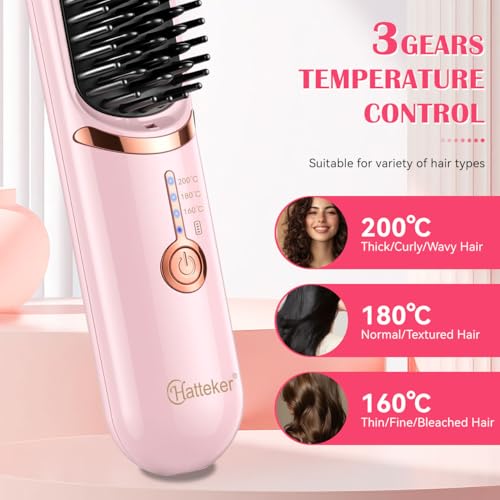 Image of Hatteker Cordless Hair Straightener Brush, Portable Hair Brush for Travel