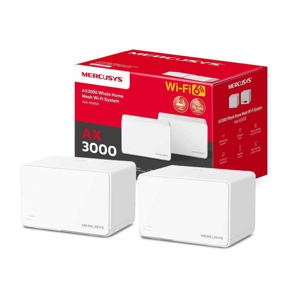 MERCUSYS Halo H3000X(2-Pack) TP-Link WiFi Mesh Routeur WiFi 6 Bi-Bande AX3000Mbps, Couverture Jusqu'à 460 m², Canaux 160 MHz, 3 Ports Gigabit, Repeteur WiFi, Contrôles Parentaux Puissants