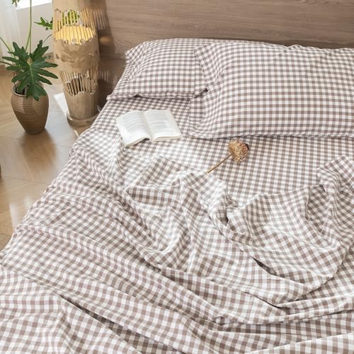 Image of MooMee Gingham Sheet Set 100% Washed Cotton Linen Like Textured Breathable Soft w /Fully Elasticized 16-19 inch Deep Pocket (Classic Gingham Brown, Queen)