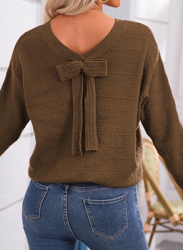 Image of EVALESS Sweaters for Women Long Sleeve Fall Outfits 2026 Back Bow Knot Sweaters Round Neck Solid Knit Pullover Tops