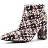 Allegra K Women's Plaid Pointed Toe Chunky Heel Red Black Ankle Boots 7 M US
