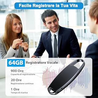 Vandlion 1536Kbps Registratore Vocale, Mini 64GB Registratore Professionale ad Attivazione Vocale con 20 Ore, Riduzione del Rumore per Università Conferenze Riunioni