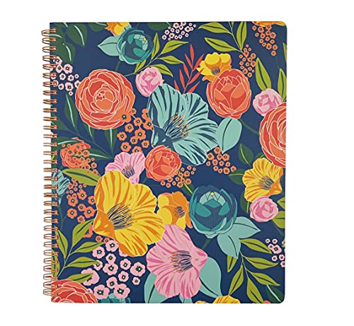 Steel Mill & Co Cute Floral Large Spiral Notebook College Ruled, 11" x 9.5" with Durable Hardcover and 160 Lined Pages, Garden Blooms (Navy)