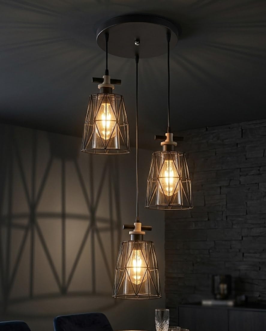 Sanleen 3 Lamp LED Modern Industrial Pendant Light| Modern Metal Hanging Ceiling Light for Dining Room,Cafe,Kitchen Island,Home Décor Lighting|Vintage Style Cage Light with Warm Edison Style Bulbs-image-3