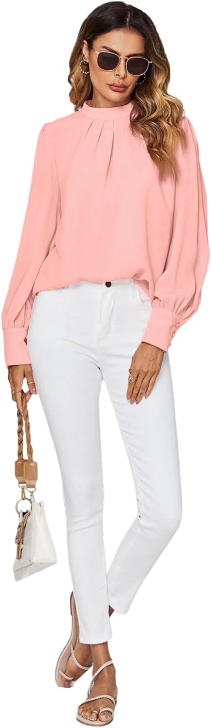 LYANER Women's Pleated Mock Neck Long Sleeve Blouse Pullover Work Office Shirt Tops Solid Pink X-Large - Image 6