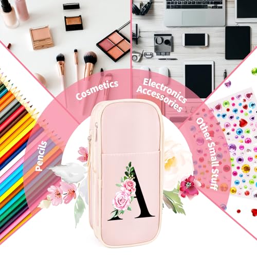 Image of Preppy Pencil Case for Girls, Cute Large Pencil Pouch, Personalized Initial Pencil Bag with Zipper for School College Office Supplies, Back to School Supplies Gifts for Teen Girls (T, Pink)