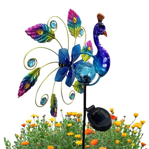 Windskulpturen und Spinner, Pfauenform, Gartenspinner, lebendige helle Farben, solarbetriebene Outdoor-Dekoration mit Leuchten, Solar-Pfauen-Windmühle, Outdoor-Windmühle, Solar-Windmühle