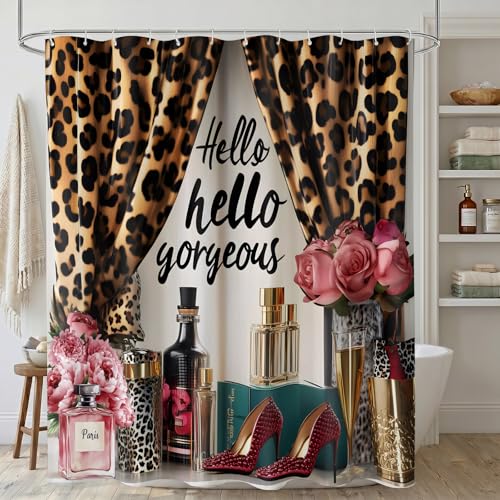 Leopard Print Shower Curtain Hello Gorgeous Girly Women, 72x72 Inch