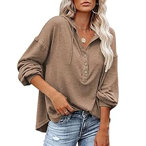 PLOKNRD Kapuzenpullover Damen Langarm Knöpfen Pullover mit Kordelzug Freizeit V-Ausschnitt Hooded Henley Sweatshirt Klassisch