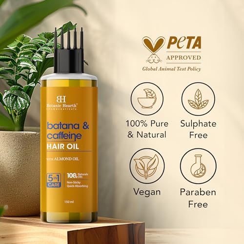 Image of Botanic Hearth Batana Caffeine Hair Oil with Almond - 150ml - Nourishing & Strengthening Hair Treatment, Promotes Healthy Hair Growth, Enhances Shine & Moisture