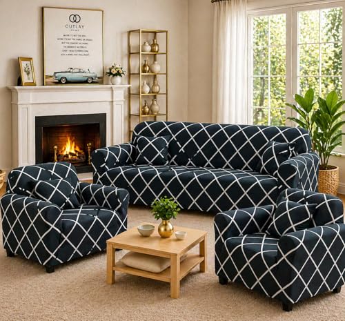 Image of Digital Print Sofa Cover Fully Covered 5 Seater Sofa Cover Non-Slip Sticky Elastic Stretchable Sofa Set Slipcover, 5 Seater (3+1+1) (Blue Lines)