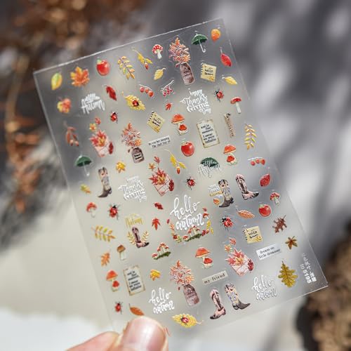 Image of Fall Nail Stickers Autumn Leaf Nail Art Decals Maple Leaf Nails Art Stickers 5D Embossed Self Adhesive Design Nails Supply for Women Girls Kid Manicure Decoration