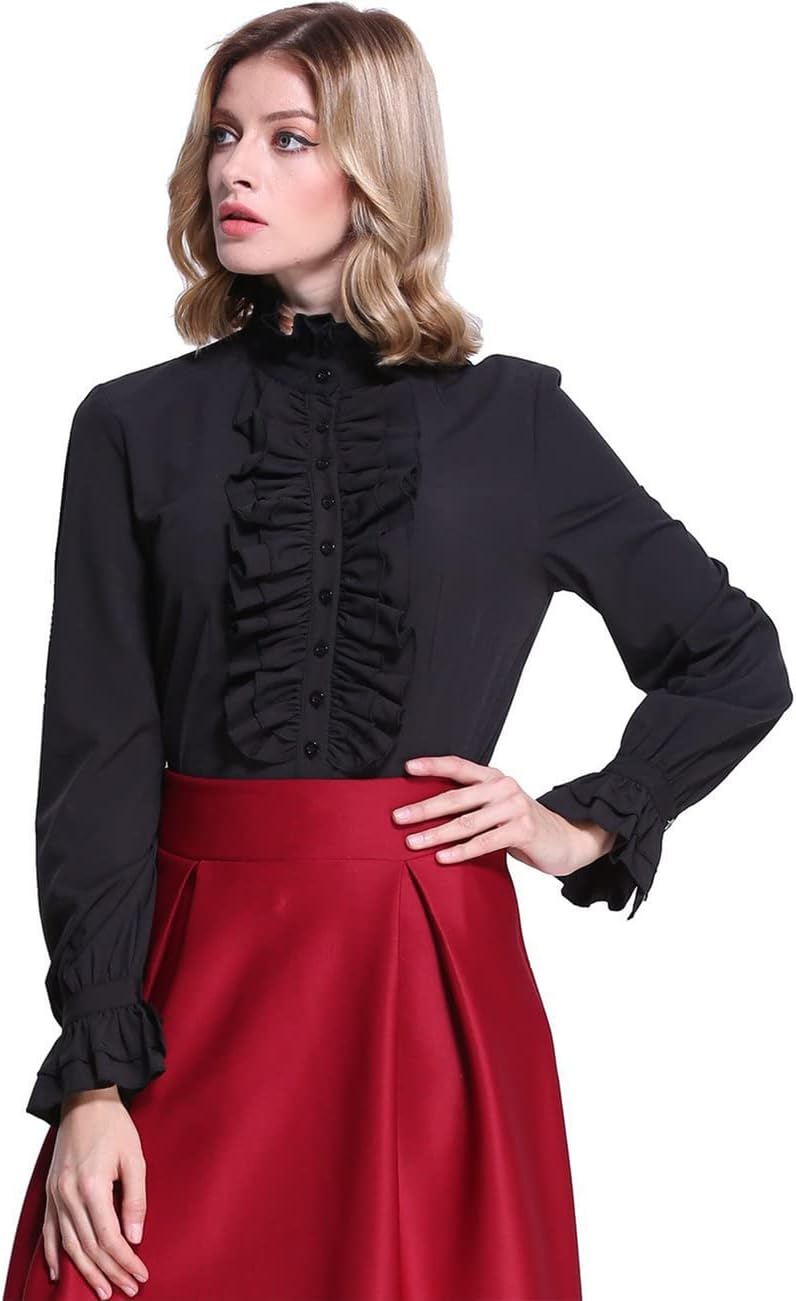 Women's Victorian Gothic Shirts Vintage Ruffled Long Sleeve Blouse Tops - Image 3