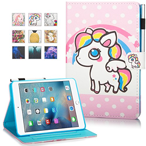 MOKASE iPad Mini Coque, Mini 4/5 Mini 3/2 Étui PU Cuir Flip Portefeuille Stand Intelligent Housse [Auto Réveil/Sommeil] pour Apple iPad Mini 2 3 4 5, Un Unicorne Rose Cover