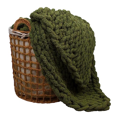 Carriediosa Chunky Knit Throw Blanket Chenille Loop Yarn Handmade Soft Fluffy Throws For Couch Sofa Bed Home Decor Breathable Cozy Heavy Thick Knitted Blanket Washable, 50" X 60" Olive Green #TOP3