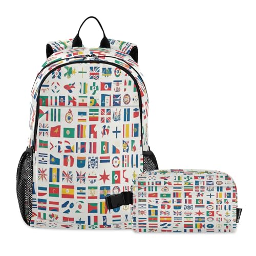 Kids Backpack Flags From Around The World Boys Girls School Backpack with Lunch Bag Bookbag Set for Elementary Middle School Teens