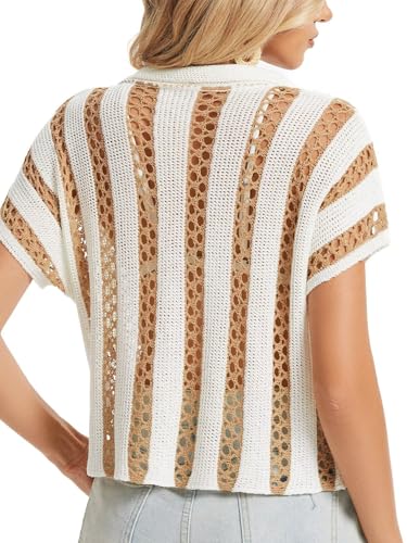 Image of Womens Striped Crochet Sweater Summer Short Sleeve V-Neck Button Knit Tops Y2k Hollow Out Crop Blouse Cardigan