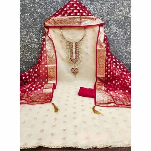 Image of HMP Fashion Womens Shimmer Butti Neck Work Unstitched Dress Material with Heavy Jacquard Dupatta Ethnic Salwar Kameez Ethnic Set