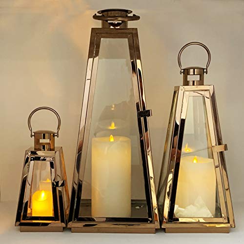 Image of allgala Lantern Jumbo Deluxe Modern Indoor /Outdoor Candle Stainless Steel Rectangular Frame with Lattice Grid Tempered Glass for Garden Poolside Fireplace Wedding (Pack of 3, 24 Inch, Rose Gold)