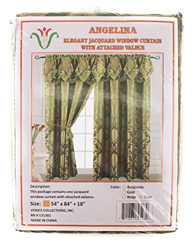 Venice Collections Luxury Jacquard Curtain Panel With Attached Waterfall Valance, 54 By 84-Inch Angelina Sage #TOP2