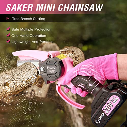 Image of Saker Mini Chainsaw,Portable Electric Pink Mini Chainsaw Cordless,Handheld Chainsaw for Tree Branches,Courtyard, Household and Garden,By 2PCS 20V 1500mAh Batteries and 3 PCS Chains