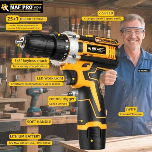 Image of MAF PRO 12V Cordless Drill Machine with 2 Battery | Drill Machine for Wall Drilling | Cordless Drilling Machine | Powerful Drill Machine with Screw Driver Kit