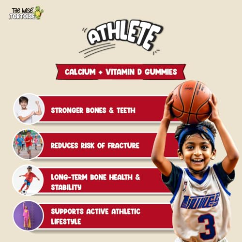 Image of Athlete 0 Sugar Calcium + Vitamin D Gummies | Added Prebiotics | 5-15 Years | Bone Strength, Growth & Teeth Health | Super Strawberry Flavor | 30 Gummies | The Wise Tortoise TWT