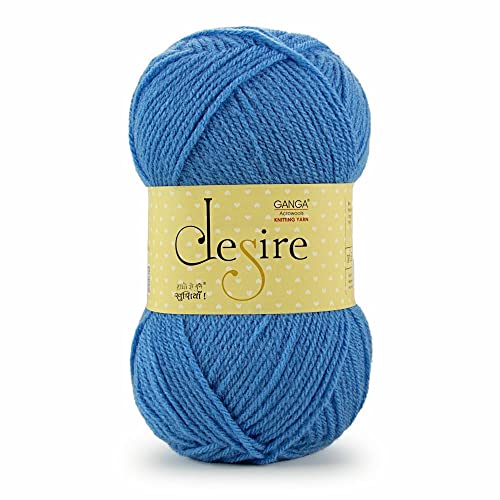 Image of Ganga Acrowools Desire Hand Acrylic Knitting and Crochet Yarn. Pack of 1 Ball - 100 GMS. Shade No - Dsr032 AzureBlue