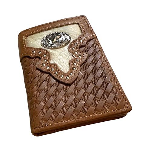 Western Trifold Leather Wallet for Men – Basket Weave Tooled with Cowhair Inlay – Cowboy Praying at Cross, Horse, and Bull Rider Conchos